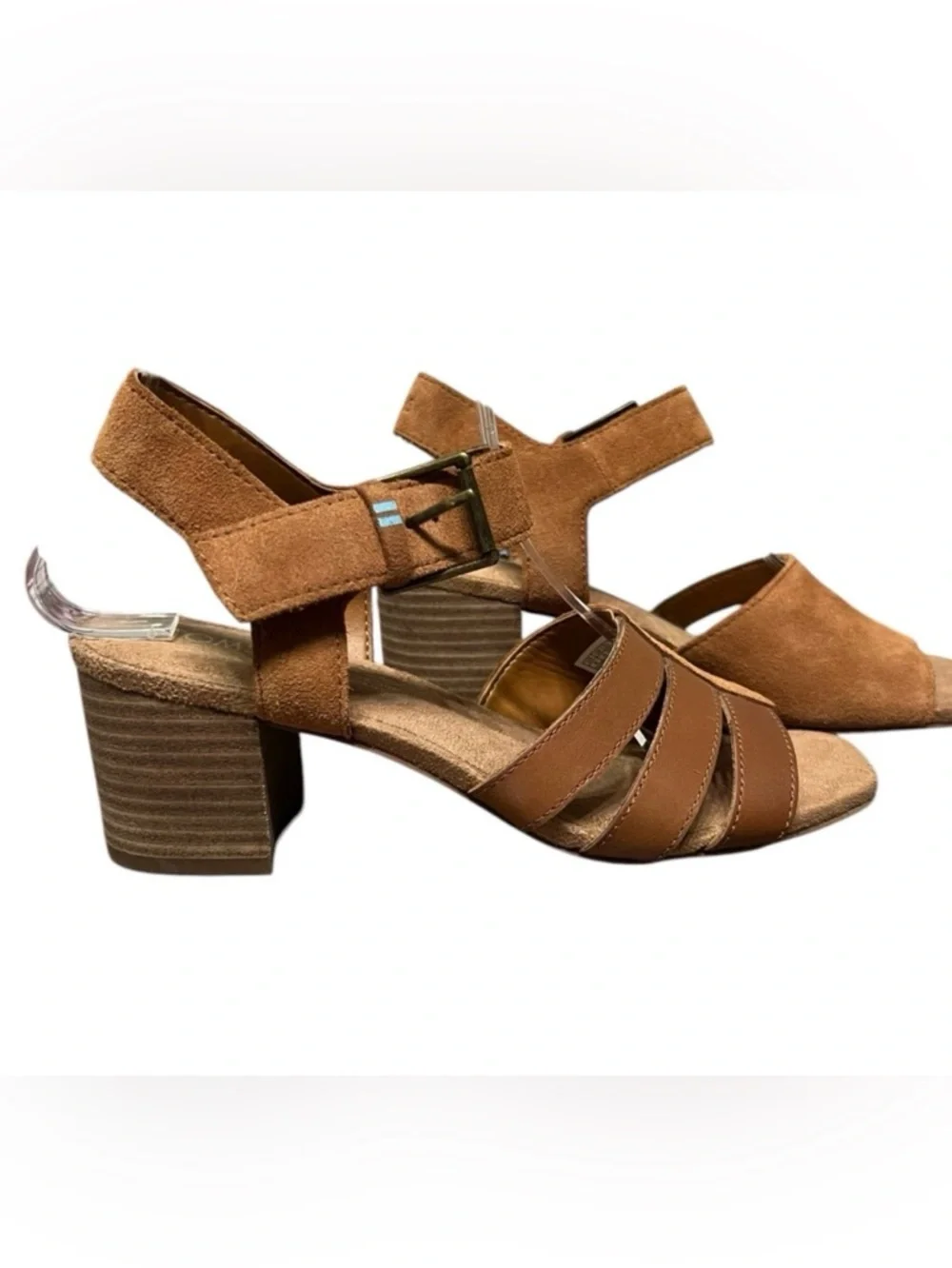 Toms Estella Suede Leather Brown Block Heel Sandal Open Toe Ankle Strap Buckle 6